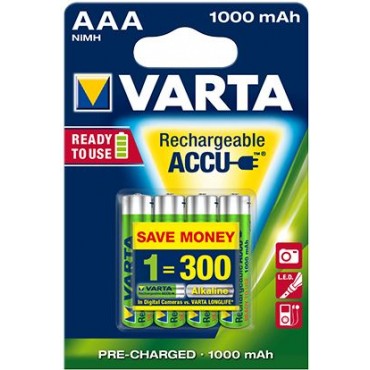 Varta Oplaadbare NiMH Batterij ready to use AAA R03 1000mAh Potlood blister van 4stuks